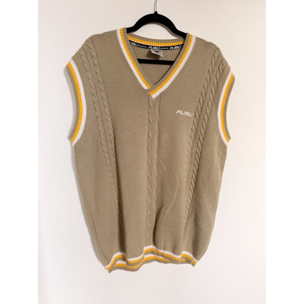 FUBU Mens Tan Cable‎ Knit V Neck Sleeveless Sweater Vest Size XXL Y2K Streetwear